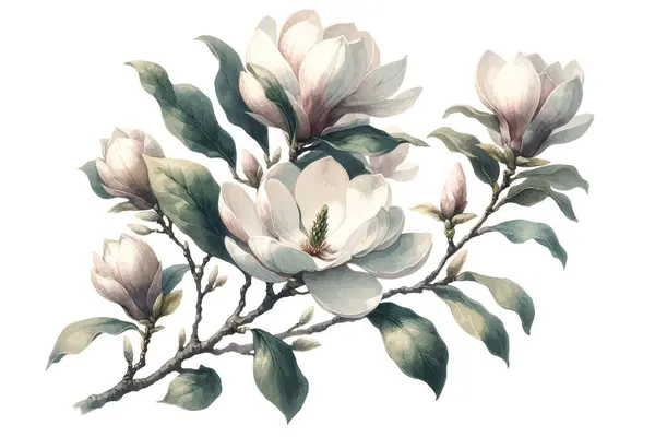 Rama Magnolia Con Flores Brotes Ilustración Acuarela Botánica Vintage Gráficos vectoriales