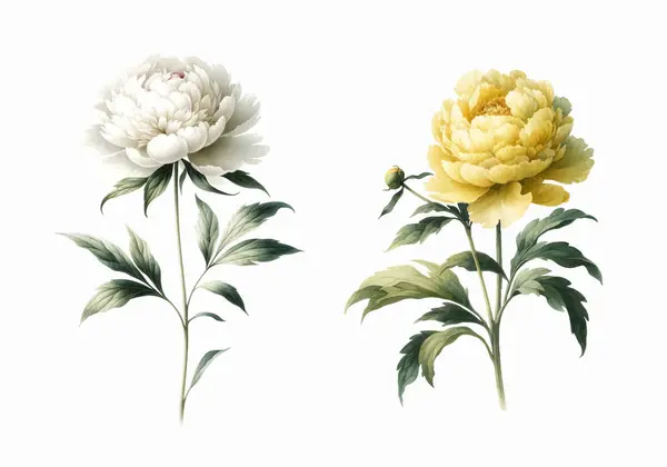 Набір Двох Півоній Листям Вінтажні Ботанічні Акварельні Ілюстрації Векторна Графіка