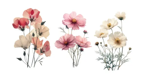 Tatlı Bezelye Kozmos Çiçekleri Eski Botanik Suluboya Resimleri Telifsiz Stok Vektörler