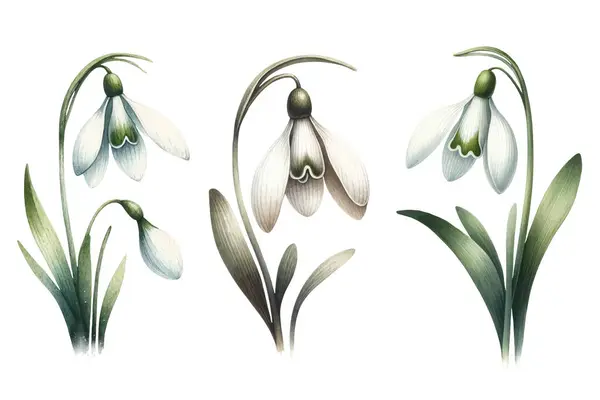Набір Трьох Снігових Прослуховувань Вінтажні Ботанічні Акварельні Ілюстрації Ліцензійні Стокові Ілюстрації