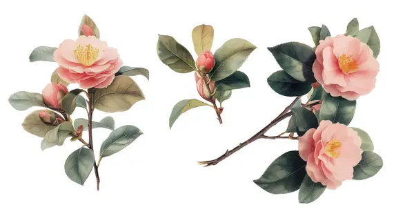 Kamelienzweige Mit Blüten Und Blättern Vintage Botanische Aquarell Illustration Stockillustration