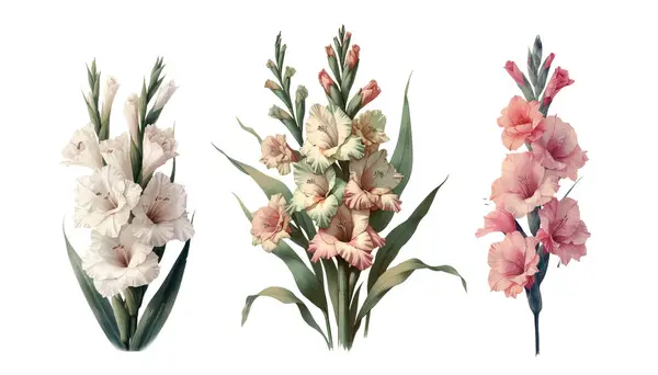 Set Aus Drei Gladiolenblüten Vintage Botanische Aquarell Illustration Stockillustration