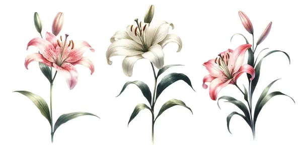 Набір Трьох Квітів Лілії Вінтажні Ботанічні Акварельні Ілюстрації Стоковий вектор