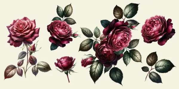 Colección Rosas Rojas Profundas Con Hojas Ilustración Acuarela Botánica Vintage Vector de stock