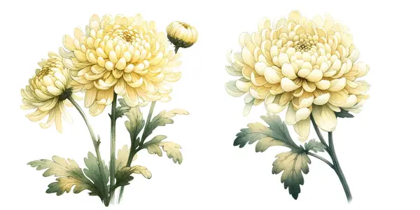 Conjunto Dos Flores Crisantemo Amarillo Acuarela Botánica Vintage Ilustración Vector de stock