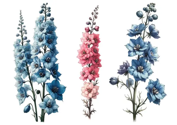 Conjunto Tres Flores Delphinium Ilustración Botánica Vintage Acuarela Ilustración de stock