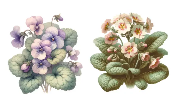 Flores Prímula Viola Bosque Ilustración Acuarela Botánica Vintage Ilustraciones de stock libres de derechos