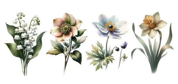 Набір Чотирьох Весняних Квітів Вінтажні Ботанічні Акварельні Ілюстрації Ліцензійні Стокові Вектори