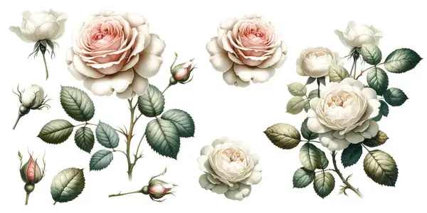 Yapraklı Beyaz Gül Koleksiyonu Eski Botanik Suluboya Çizimi Telifsiz Stok Illüstrasyonlar