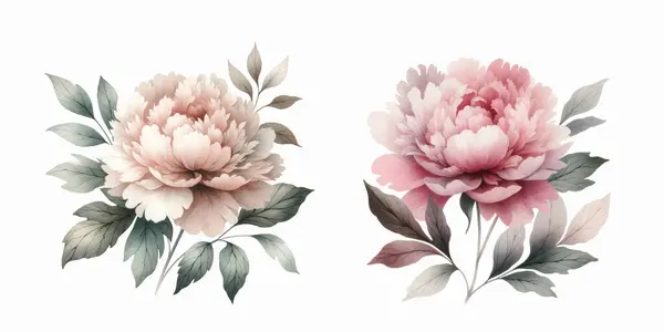 Set Due Peonie Rosa Pallido Con Foglie Vintage Acquerello Botanico Vettoriale Stock