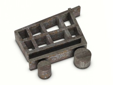 Beyaz arka planda paslı metal alışveriş arabası sembolü. 3d illüstrasyon.