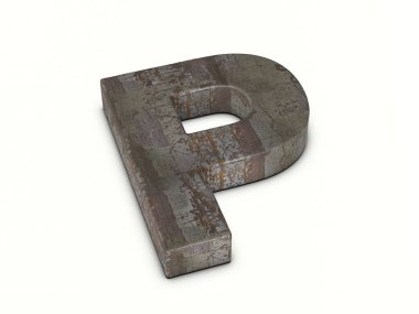 Beyaz arka planda paslı metal harf P. 3d illüstrasyon.