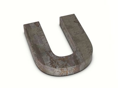 Beyaz arka planda paslı metal harf U. 3d illüstrasyon.