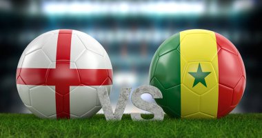 Katar 2022 Dünya Futbol Kupası 16 İngiltere ve Senegal karşılaşmaları. 3d illüstrasyon.