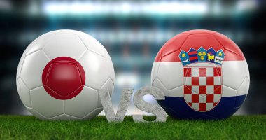 Katar 2022 Dünya Futbol Kupası 16 Japonya ve Hırvatistan karşılaşması. 3d illüstrasyon.