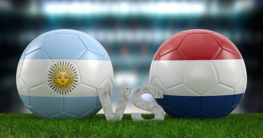 Katar 2022 Dünya Futbol Kupası çeyrek final Arjantin 'e karşı Hollanda. 3d illüstrasyon.