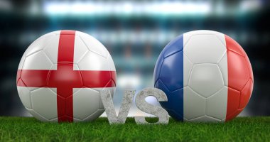 Katar 2022 Dünya Futbol Kupası çeyrek final İngiltere ile Fransa. 3d illüstrasyon.
