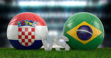 Katar 2022 Dünya Futbol Kupası çeyrek final Hırvatistan 'a karşı Brezilya. 3d illüstrasyon.