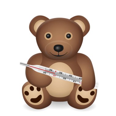 Beyaz arka planda termometresi olan oyuncak ayı. Vektör illüstrasyonu.