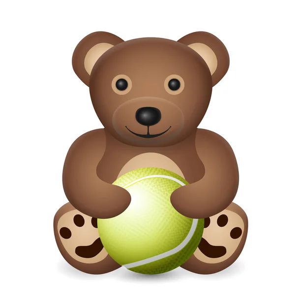 Ours Peluche Avec Balle Tennis Sur Fond Blanc Illustration Vectorielle — Image vectorielle