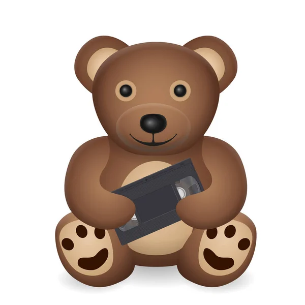 Teddybjörn Med Videokassett Vit Bakgrund Vektorillustration — Stock vektor