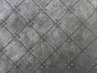 Perçinli tırmalanmış metal plakalardan oluşan bir arka plan. 3B illüstrasyon.