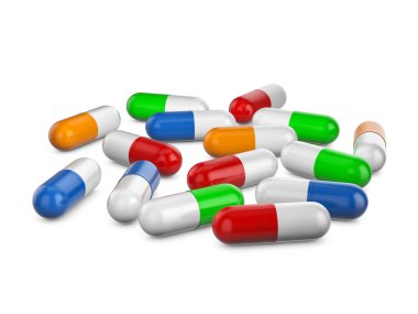 Beyaz arka planda kapsül hapları. 3d illüstrasyon.