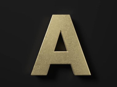 Gold letter A on a black background. 3d illustration.
