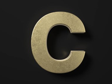 Gold letter C on a black background. 3d illustration.