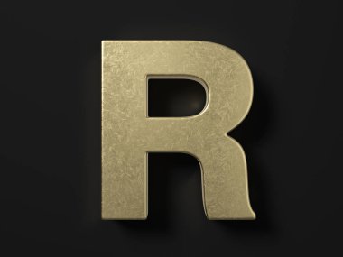Gold letter R on a black background. 3d illustration.