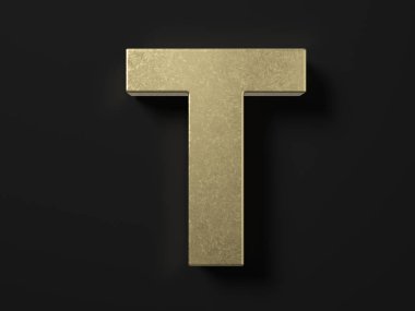 Gold letter T on a black background. 3d illustration.
