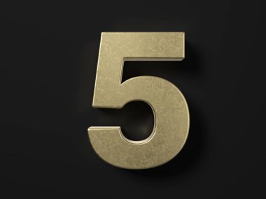 Gold number five on a black background. 3d illustration.