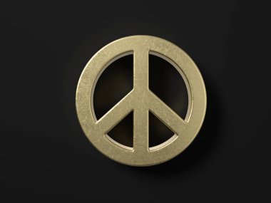 Siyah bir zemin üzerine altın barış sembolü. 3D çizim.