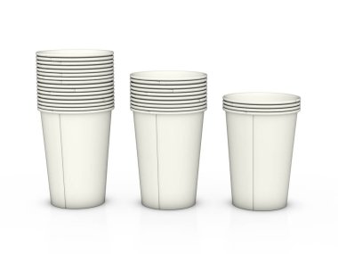 Beyaz arka planda kağıt kahve fincanları. 3d illüstrasyon.