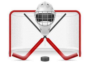 Hockey net, helmet, sticks and puck on a white background. Vector illustration. clipart