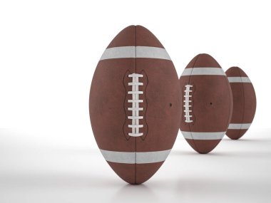 Beyaz arka planda Amerikan futbol topları. 3d illüstrasyon.