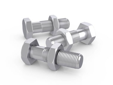 Beyaz arka planda metal vidalar ve fındıklar. 3d illüstrasyon.