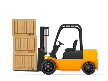 Beyaz arka planda ahşap kutulara sahip forklift.