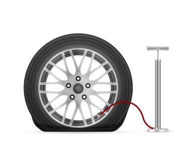 Beyaz arka planda el pompası ve patlak lastik. Vektör illüstrasyonu.