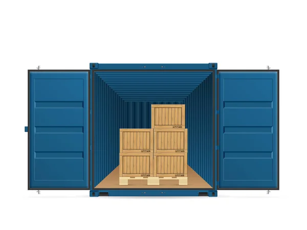 Conteneur Cargo Ouvert Avec Boîtes Bois Sur Fond Blanc Illustration — Image vectorielle