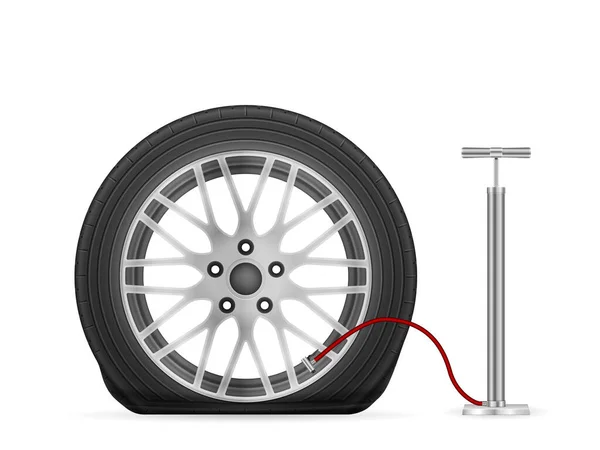 手动气泵和扁平的轮胎在白色背景上 矢量说明 — 图库矢量图片