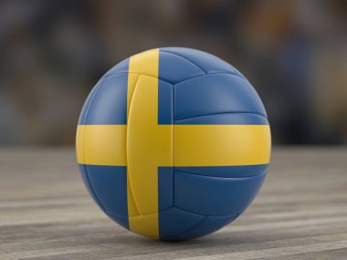 Tahta zeminde İsveç voleybol bayrağı. 3d illüstrasyon.