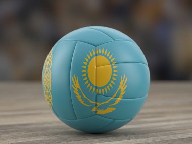 Ahşap bir zeminde voleybol Kazakistan bayrağı. 3d illüstrasyon.