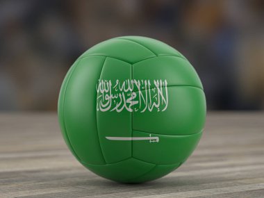 Ahşap zeminde voleybol Suudi Arabistan bayrağı. 3d illüstrasyon.