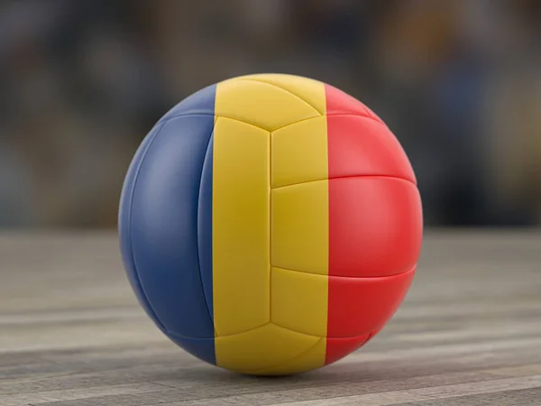 罗马尼亚排球旗挂在木制地板上 3D说明 — 图库照片