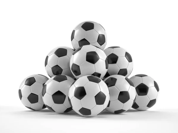 由白色背景的足球组成的金字塔 3D说明 — 图库照片