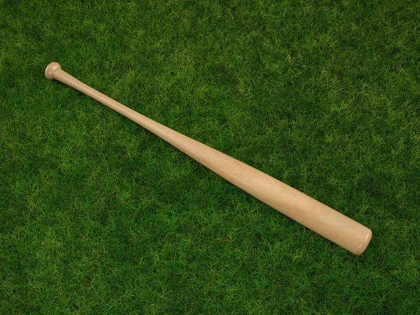 棒球棒在草地的背景上 3D说明 — 图库照片
