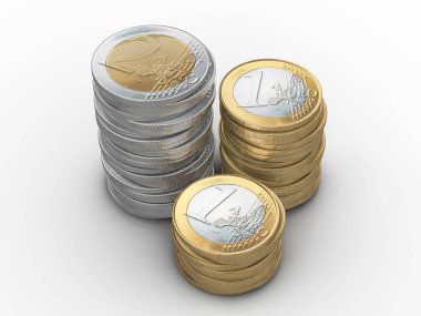 Avrupa sikkeleri beyaz arka planda istiflenir. 3d illüstrasyon.