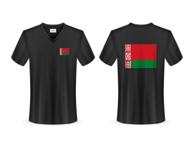 Beyaz arka planda Beyaz Rusya bayrağı olan tişört. Vektör illüstrasyonu.