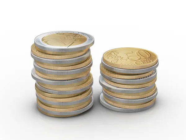白色背景的欧元硬币 3D说明 — 图库照片
